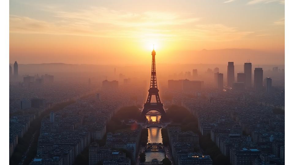 Vue aérienne de Paris avec la Tour Eiffel au lever du soleil