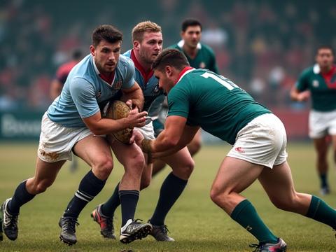 Match de rugby intense, joueurs en pleine action