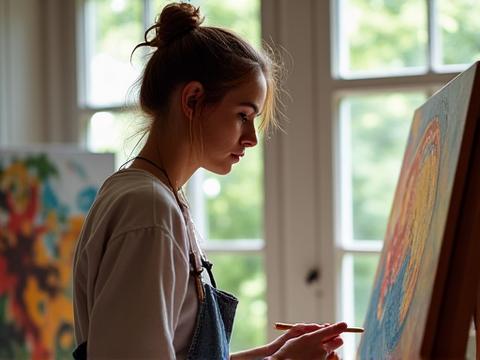Artiste peintre travaillant dans son atelier lumineux