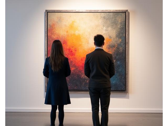 Visiteurs contemplant un tableau impressionniste dans une galerie d'art