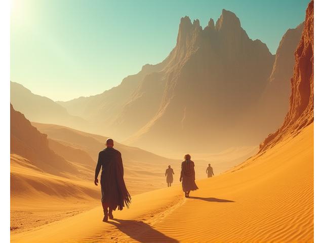 Image d'une scène épique de Dune Part Two avec des personnages sur une planète désertique