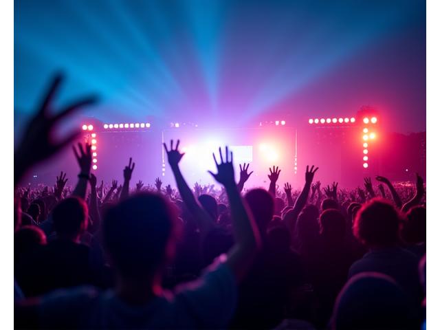 Foule vibrante à un festival de musique en plein air avec des lumières de scène