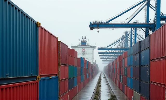 Containers de fret empilés dans un port, symbolisant les chaînes d'approvisionnement mondiales
