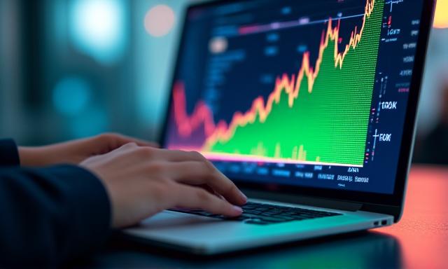 Graphique boursier en hausse derrière une personne utilisant un ordinateur portable, représentant la croissance du secteur technologique