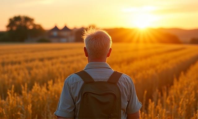 Agriculteur inspectant un champ de blé au lever du soleil, illustrant les enjeux agricoles.