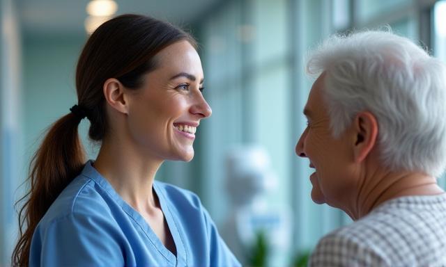 Infirmière bienveillante avec un patient âgé dans un hôpital français, représentant les actualités de la santé.