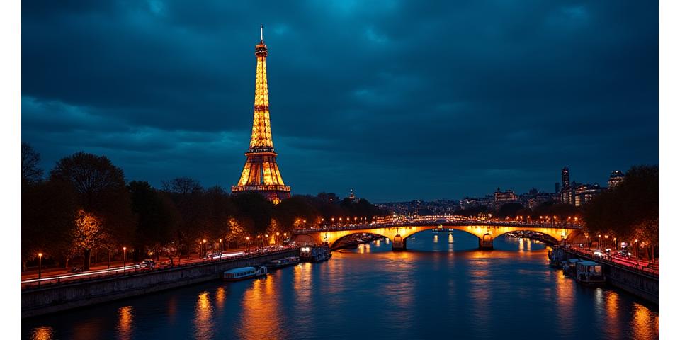 Vue nocturne de Paris avec la Tour Eiffel illuminée, représentant les actualités nationales françaises.