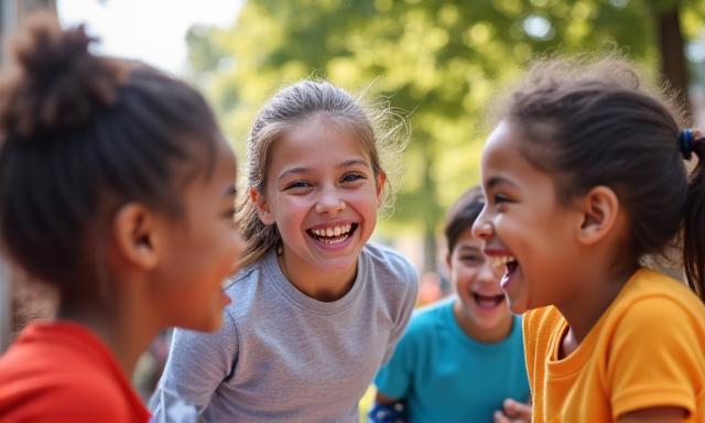 Groupe d'enfants français joyeux dans une cour d'école, représentant les enjeux éducatifs.
