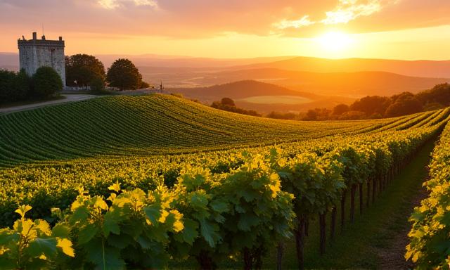 Vignoble luxuriant dans une région viticole française au coucher du soleil, symbolisant l'actualité économique locale.