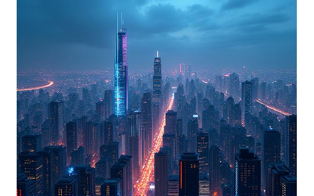 Horizon urbain d'une ville asiatique moderne avec des gratte-ciel et des lumières vives.