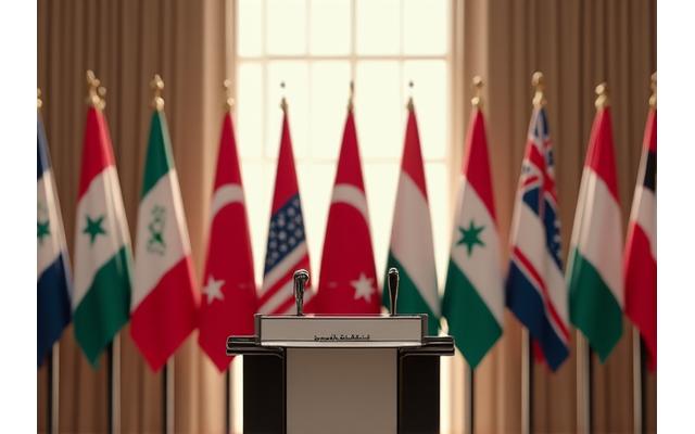 Drapeaux nationaux agités par le vent, symbolisant la diplomatie au Moyen-Orient.