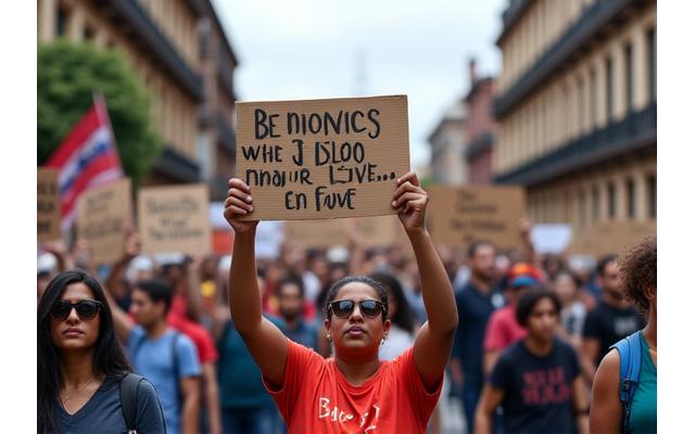 Manifestants dans les rues d'une ville sud-américaine demandant des réformes sociales.